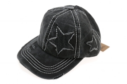 C.C. Beanie High Ponytail Ball Cap Black Distressed Denim with Glitter Stars