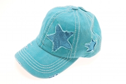 C.C. Beanie High Ponytail Ball Cap Turquoise Distressed Denim with Glitter Stars