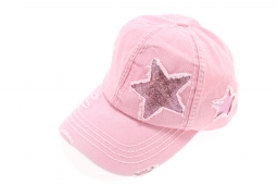 C.C. Beanie High Ponytail Ball Cap Light Pink Distressed Denim with Glitter Stars