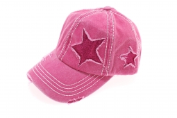 C.C. Beanie High Ponytail Ball Cap Hot Pink Distressed Denim with Glitter Stars