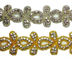 1006 Crystal & Gold Beaded Rhinestone Trim 6 Yard Bolt