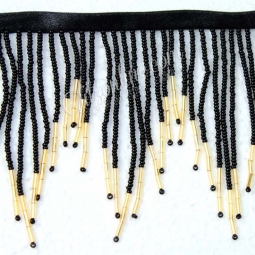 6.5/6 BLACK Glass SEED Bead CHEVRON with Long Bugle Beaded Fringe Trim —  Trims and Beads