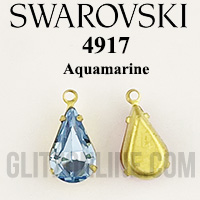 4917 Swarovski Crystal Aquamarine 13x7.8mm Gold Metal Set Sew-On Teardrop Rhinestones 2 Pieces