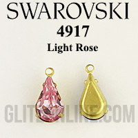 4917 Swarovski Crystal Light Rose 13x7.8mm Gold Metal Set Sew-On Teardrop Rhinestones 2 Pieces