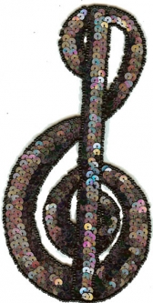 4106 Sequin Beaded Applique Black Hologram Music Symbol Treble Clef