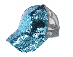 C.C. Beanie High Ponytail Teal/Silver Reverse Sequin Ball Cap