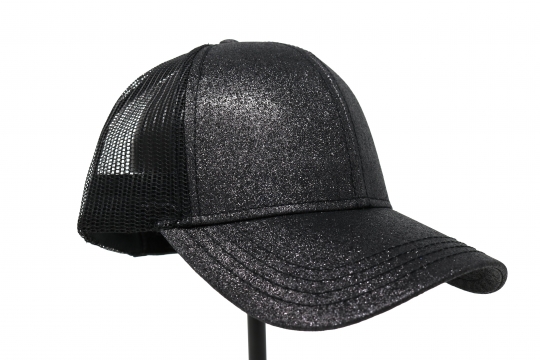 C.C. Beanie High Ponytail Black Glitter Ball Cap Glitz and Glamour