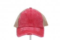 C.C. Beanie High Ponytail Criss Cross Ball Cap Red Distressed Denim